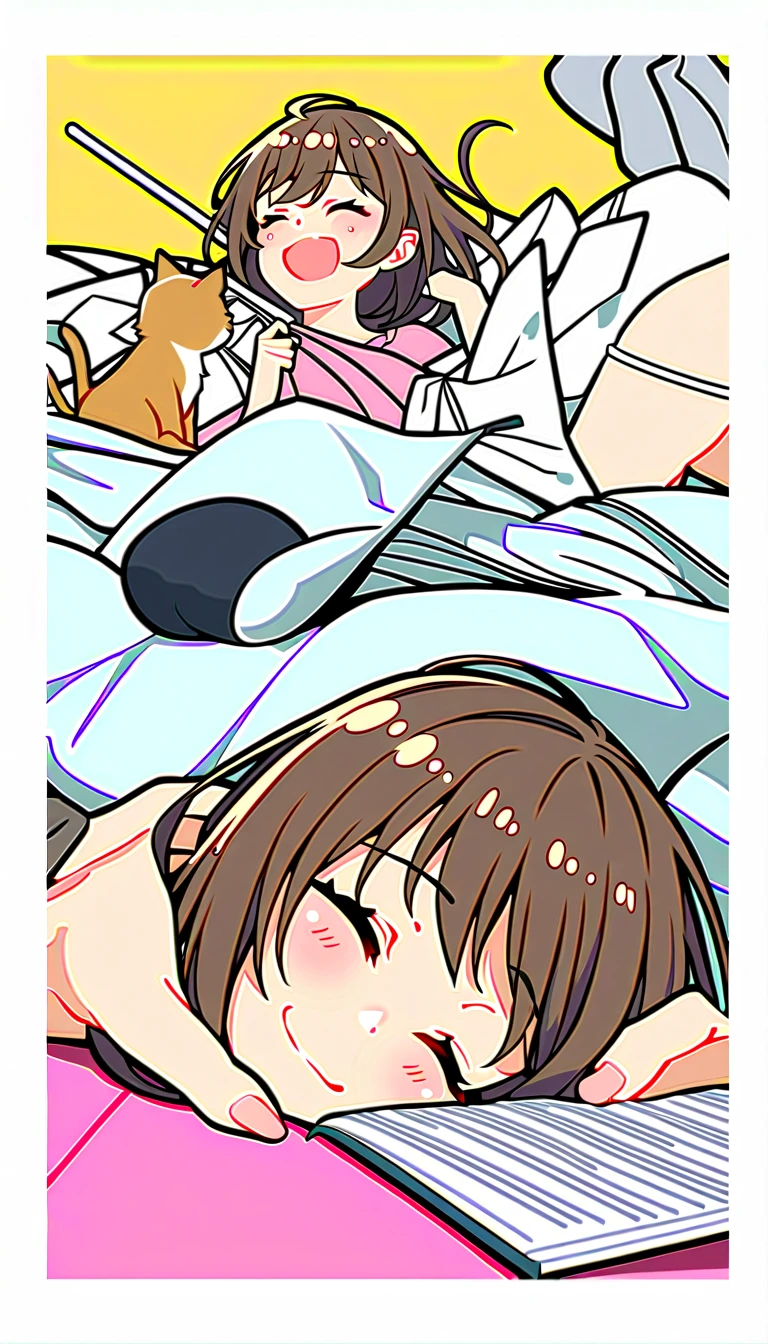 (Highest quality), (masterpiece), highly detailed, Ultra-high resolution, 2 girls, Young Girl, MikotoMikasa is in a white short-sleeved gym uniform, spread-legged on the bed, and I insert my penis into her and impregnate her while she is asleep. I push her tight red bloomers aside and insert my penis into her., whole body, Eyes that are uniform in shape, Sleeping with both eyes closed, Brown Hair, Short hair with the right side parted and the hair swept back, Short hair with the nape of the neck flipped outwards, Short hair with short sideburns, She has a full head of pubic hair, Beautiful Vagina, White semen is spilling out from the gap between her vagina and my penis inserted in her vagina., A small cross-section of a uterus with a penis expelling semen in the background, Small Breasts,