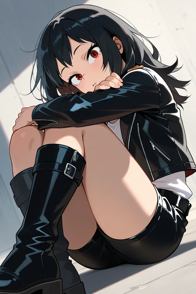 (best quality,high resolution,Beautiful detailed eyes,White lighting:1.2),red eyes, black hair, short boots, bangs, frowning, contempt, black hair, leather jacket, shirt, black ripped pants, thighs, sidelocks, classroom, sitting on desk