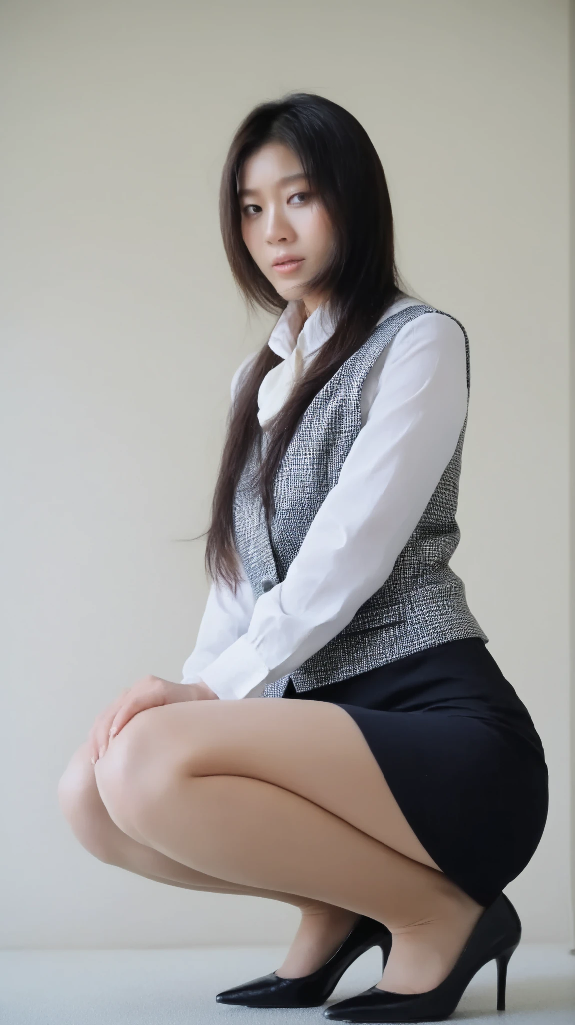 low-angle full-body shot from below, dramatic upward perspective, a beautiful Japanese office lady resembling , Shinohara Ryoko, squatting on an office slight angle, not facing the camera directly, head slightly turned, soft expression, gray checkered buttoned vest, white long-sleeve blouse, dark gray pencil skirt, bare legs, black pumps, modern office background, soft natural lighting, photorealistic, masterpiece, ultra detailed, (unedited photo style:1.2), realistic shadows and reflections, dynamic composition