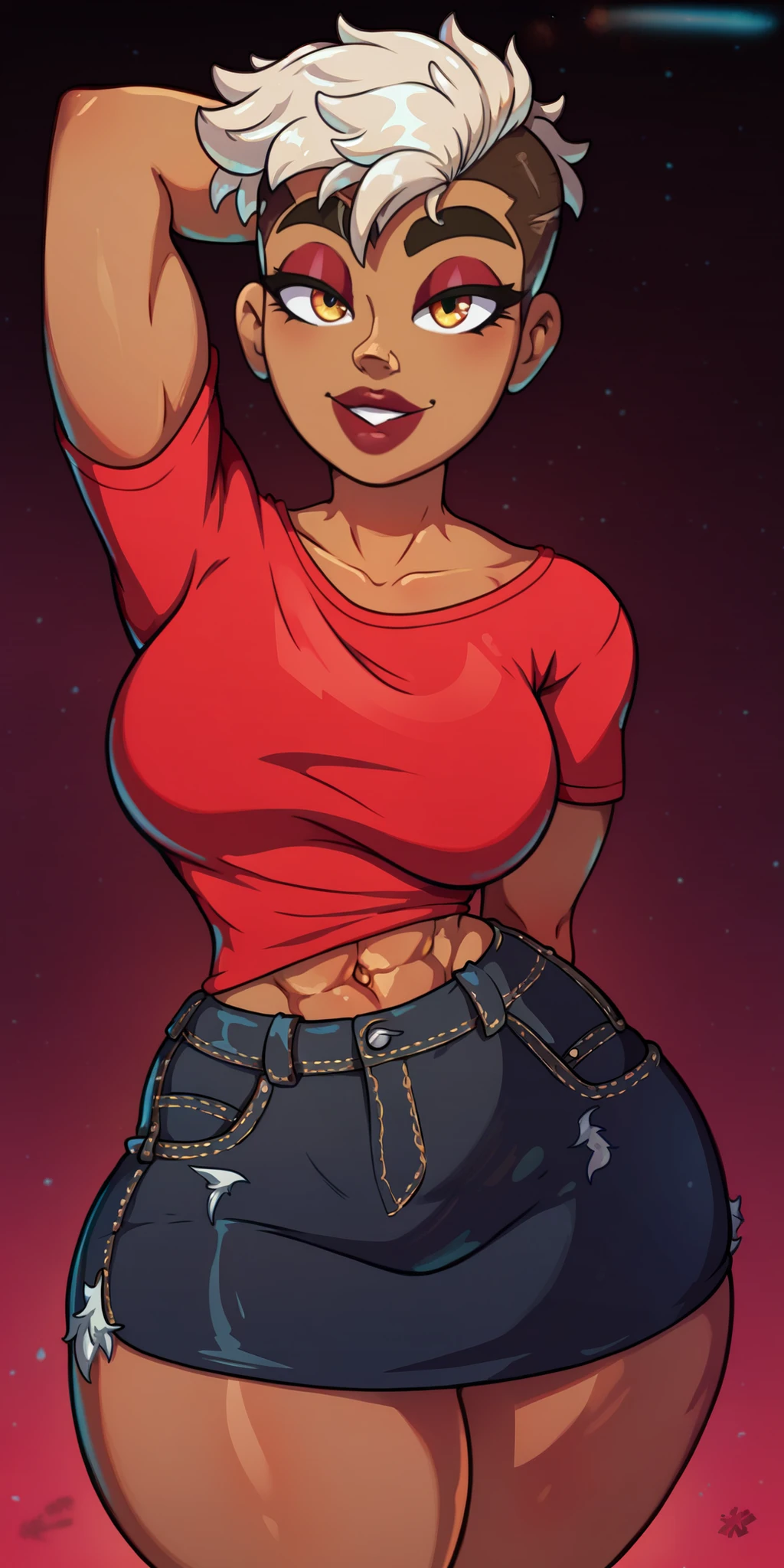 4K Quality, ((sexy smile)), ((black denim skirt)), (brazillian dark skinned tomboy), wide hips, (brazillian haair cornrolls), amber eyes, thick eyebrows, ((dark skinned)), ((red shirt)), toned body, ((thick thighs)), big breasted, (big ass), (facing the viewer), (full lips), (cowboy shot), (red neon bed room), night time city background,