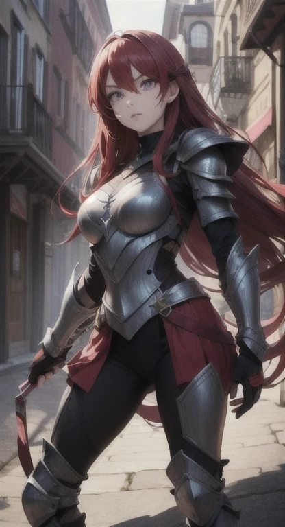 A very tall woman with braided red hair and green eyes, she would have large breasts and a muscular body, wearing dark souls-style armor but no helmet. Her armor covers her entire body