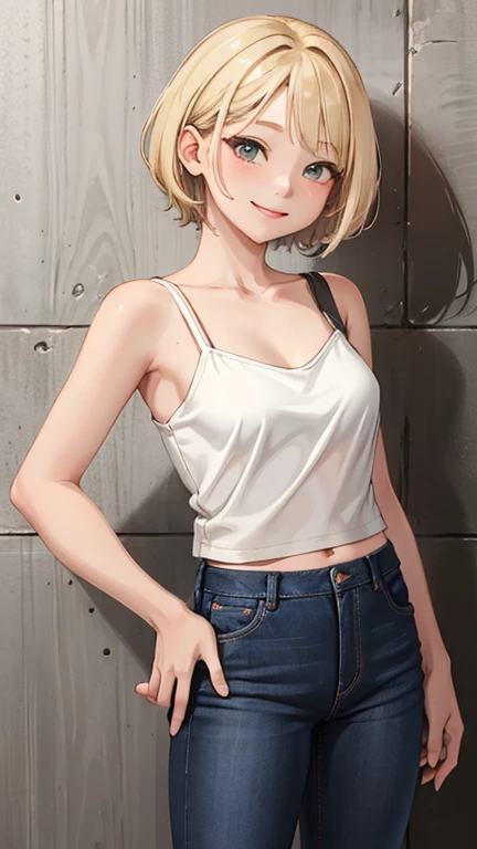 1 girl, milf, Red eyes, very short hair, black choker, lipstick, smile, Blonde, medium breast, cowboy shot , wheatskin, belly, short shirt, extreme micro shorts, thicc legs,