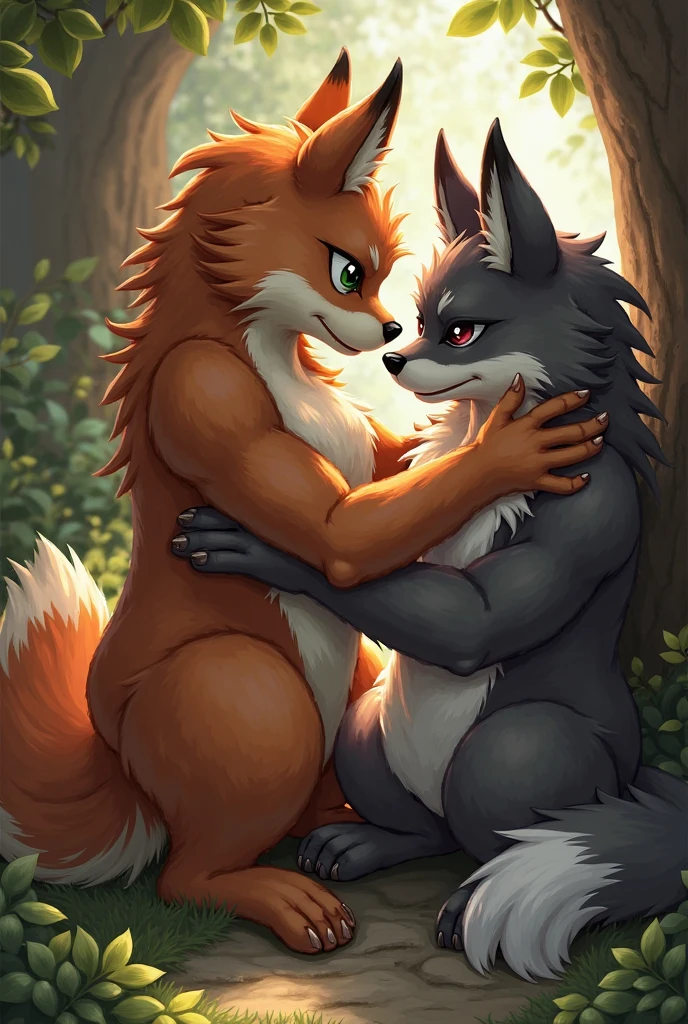 anthro, (husky) , male, ((red fur)), on bed, on knees, facing another, duo, blue eyes, with male black and white husky, canine penis, knot, frottage, penis focus, erection, black pupils, photorealism ,by zaush, by ruan jia, by jay naylor, by nuzzo, by disney, by pino daeni. (4k), HD, quality, looking horny, black pupils, photorealism , bedroom setting, night time, (4k), HD, quality