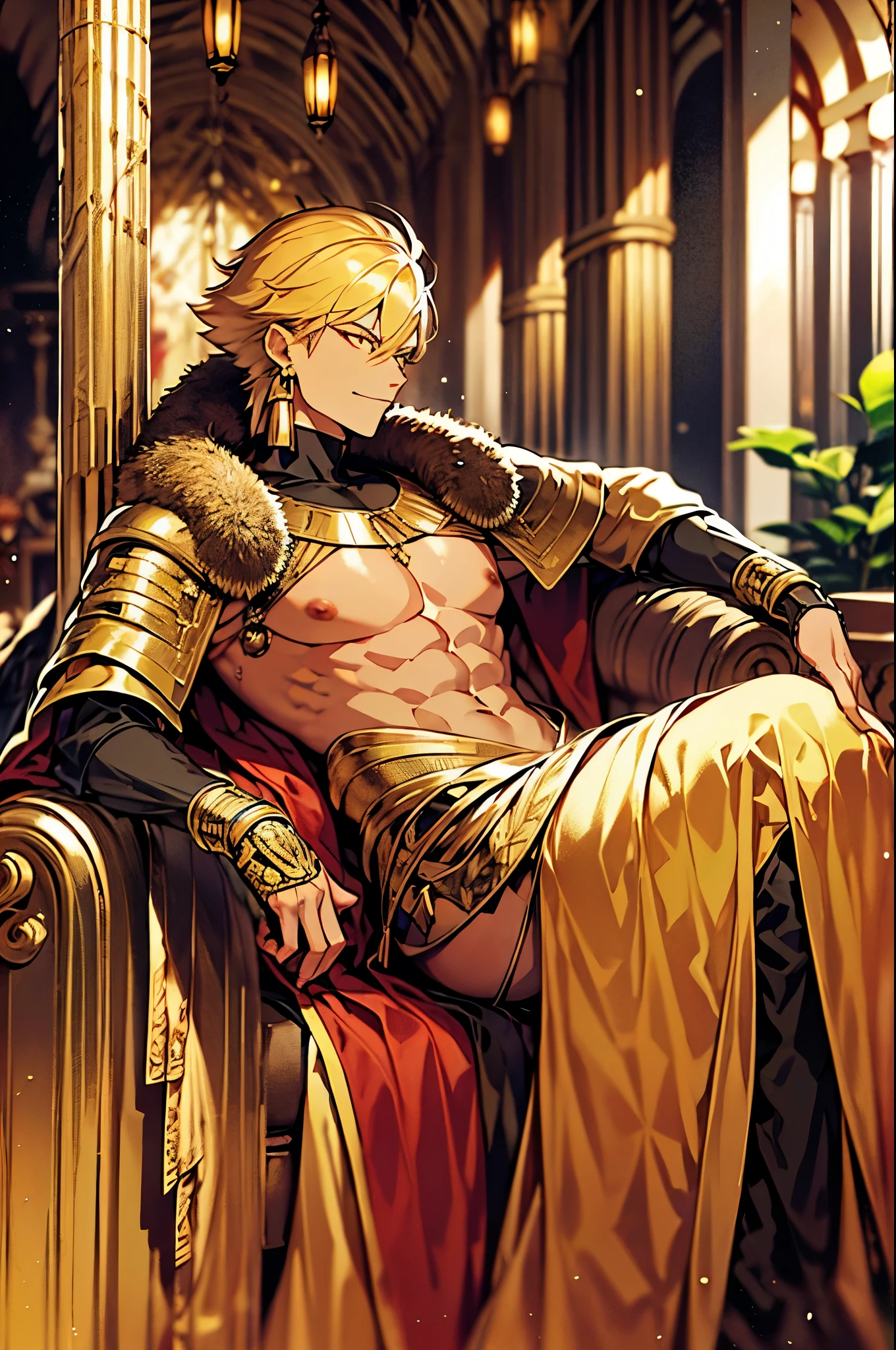 Score 9, Score 8, Score 7, Best Quality, Source Anime, BREAK, xmc. score_9, score_8_up, score_7_up, best quality, source_anime, Gilgamesh in the style of the Fate series, tall imposing man, bright golden hair styled upward in a messy yet refined manner, piercing red eyes with an arrogant and dominant gaze, shirtless showing his muscular and well-defined torso, one arm fully covered in a shining golden armor with intricate details, fair skin, confident expression with a haughty smile, background of an ancient palace hall with a golden throne and marble columns, dramatic lighting with golden and warm tones, regal standing pose with one hand on his hip and the other resting on the throne, sharp lines, vibrant colors, high-quality art.