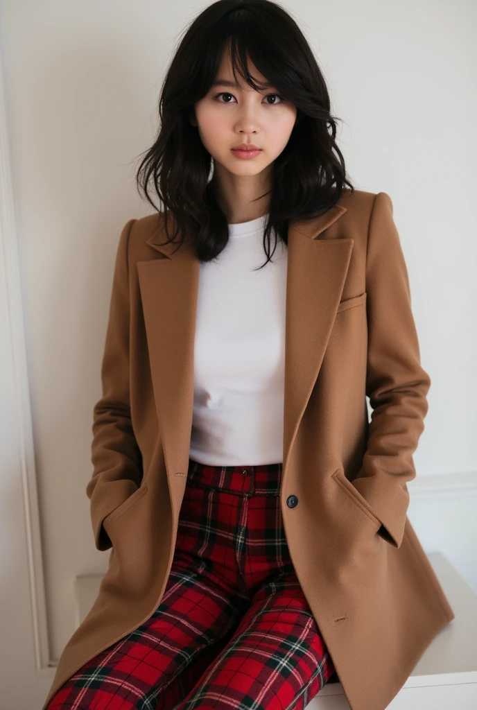 Jessica Henwick, brown overcoat, white t-shirt, black tight skirt.