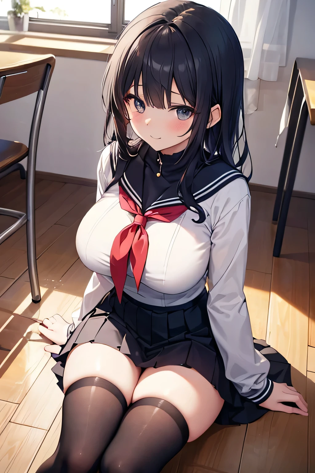 A sexy women, sexy body, curvy body, long straight black hair, twintail hair, red eyes, sexy lips, make up, red colored eyeline, smile, big breasts, sexy hips, sexy expression, anatomically correct, super detail, high quality, highres, 4K, (full body shot), school girl, sailor , garter belts, stockings, sneakers, necktie, squatting