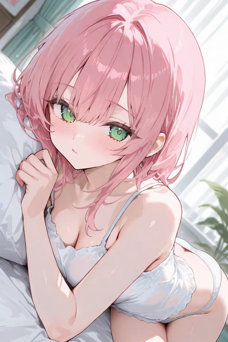 One 14-year-old girl, ((Red and pink shiny underwear))、(Red-pink inner color hairstyle), Beautiful Hair, Facial Contour, Remember, Hotel, moonlight、splash, Lens flare,, Natural Color, High resolution, Very delicate, Very detailed, 8k,(There is swelling of the breasts、About B cup)、Shyness,((Sexual))、bed、Hiding her body behind the curtains, her face showing