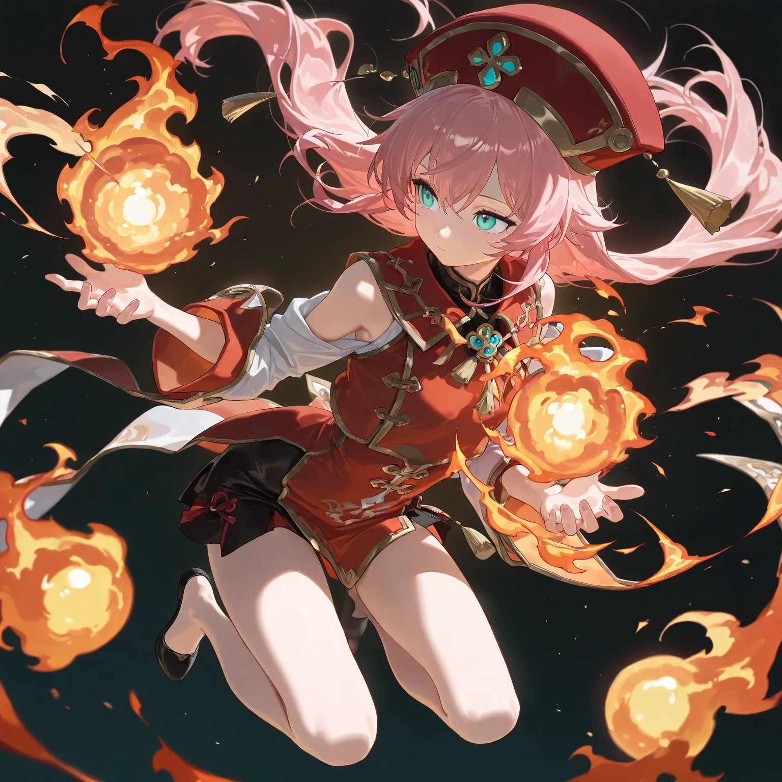 ((masterpiece,Best quality)),(negative space:1.4),(1 girl, One:1.4),beautiful detailed eyes,floating pink hair, Red Hat, fire ball, cast a fire spell, Orange and red fractal background, Looking away, turquoise eyes, whole body, jumping