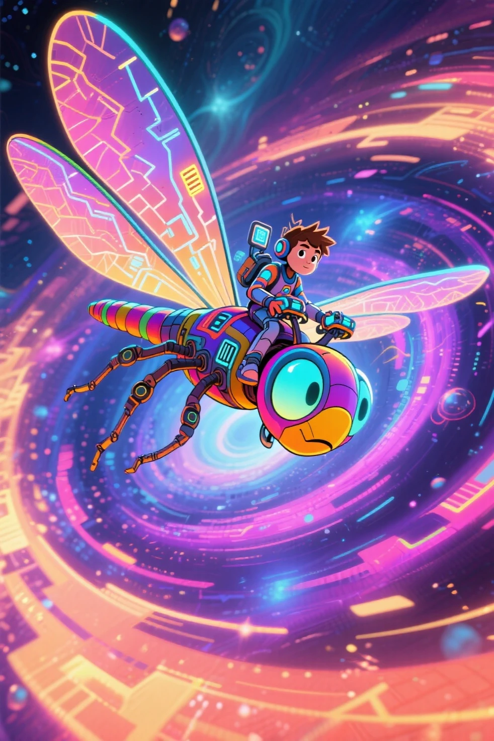 A colorful, cartoon-style high-tech dragonfly with mechanical wings and glowing circuits, flying at high speed through a swirling, vibrant interdimensional vortex. A small animated human character in a futuristic suit rides on its back, gripping high-tech controls. The scene is full of motion, light trails, and wild cosmic colors. Stylized like a masterpiece animated movie — vibrant, expressive, highly detailed, cinematic cartoon fantasy.