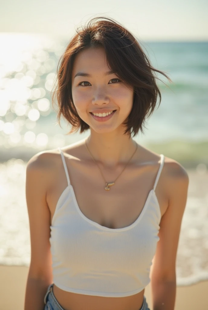 xxmix_girl,portrait of a german woman,polaroid,film, graininess,big smile,warm, summer, on the beach 