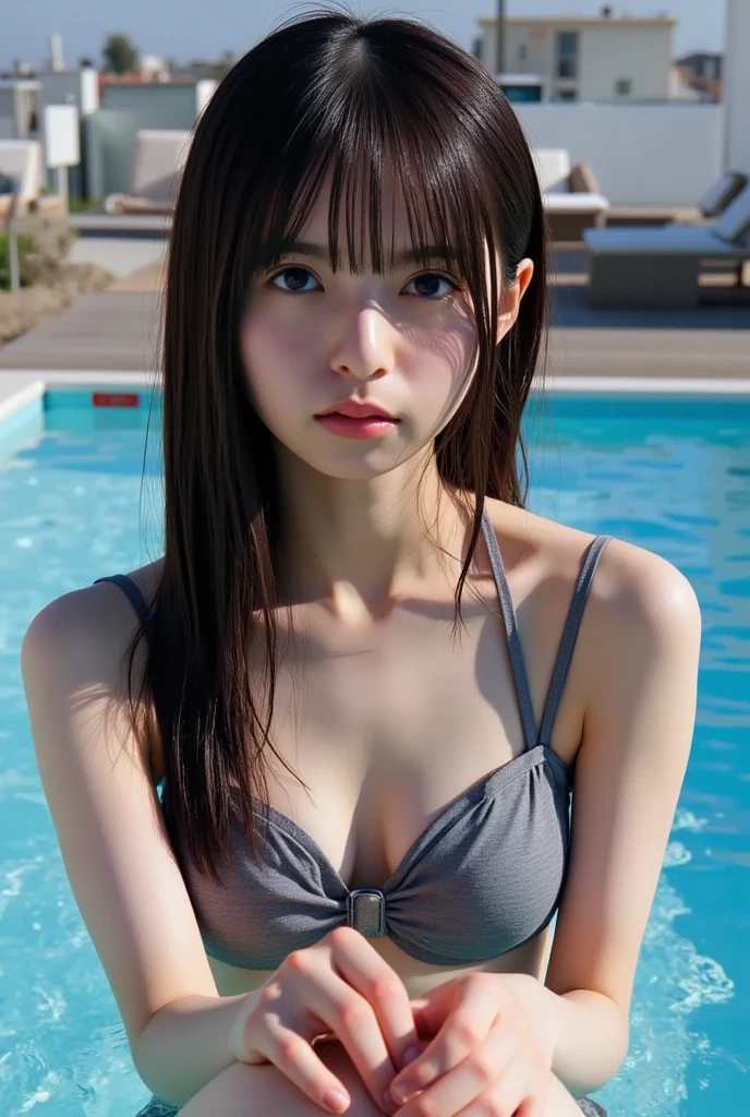 Japan girl, girl in her twenties, small breasts, perfect breasts, perfect skin, wet hair, perfect, dark hair, bangs, brown eyes, not fit large light wine red bikini, glossy, luminous, change of clothes, pool, f-1.5