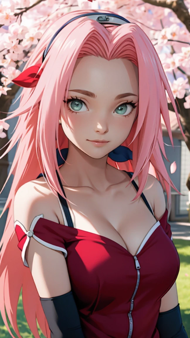 tmasterpiece, Best quality at best, 1girll, Sakura Haruno, Large breasts,Off-the-shoulder attire,(cleavage),(upperbody closeup),Raised sexy,is shy,ssmile,with pink hair, long whitr hair, (Green eyeballs:1.4), Forehead protection, the cherry trees,Cherry blossoms flying,Red clothes,Zipper half, deep cleavage, revealing clothes,