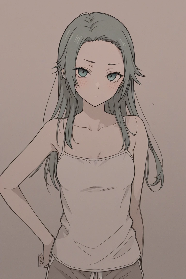 score_9, score_8_up, score_7_up, 1girl, puzzled, hand_behind_head, light green hair, hair over one eye, white eyes, flat chest, silver clothes, dim light <lora:shiseki_hirame_PonyXL_style_v01:1>