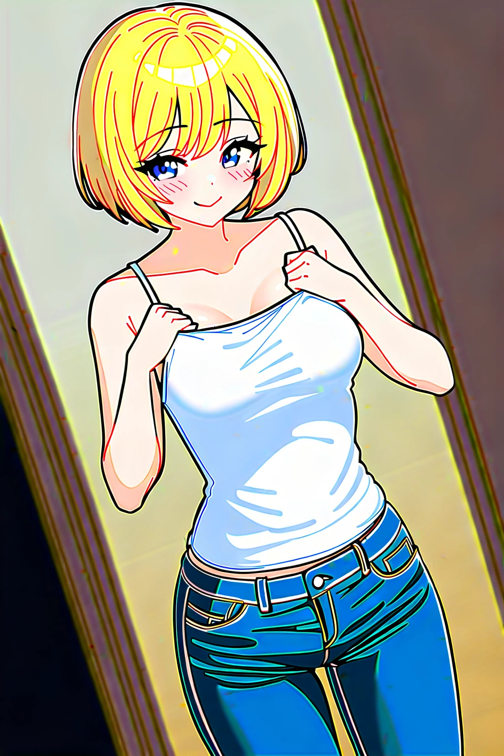 Best Quality, Masterpiece, 1girl, (camisole:1.2), (large breasts), (erect_nipples), (dolphin_shorts:1.2), locker room, beautiful detailed face, beautiful detailed eyes, perfect skin, 8k resolution, perfect lighting, perfect shading, extreme detail, shining, tanned skin, bright lighting, (armpits), (arms behind head)