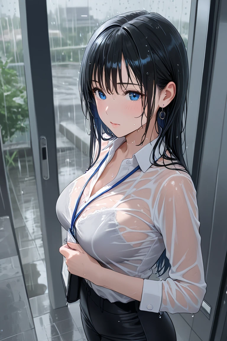(masterpiece:1.2, highest quality), (Realistic, photoRealistic:1.4), Beautiful illustrations, (Natural side lighting, Cinema lighting),
Watching the audience, Face focus, Upper Body, 1 female, Japanese, Perfect Face, Perfect body, Symmetrical cute face, Glowing Skin, Baby Face, big breasts:1.4, Hair between the eyes, Emerald green eyes, Captivating thighs, thin,
Beautiful Hair, Beautiful Face, thin and beautiful eyes, Beautiful clavicle, Beautiful body, Beautiful breasts, Beautiful thighs, Beautiful legs, Beautiful fingers, Are standing,(masterpiece:1.2, highest quality), (Realistic, photoRealistic:1.4), Beautiful illustrations, 1 female, Japanese, ((brown hair, Medium Hair:1.5, Wet Hair:1.4)), blown 髪, bangs, 髪 between eyes, big breasts,
beautiful 髪, Beautiful Face, Beautiful and detailed, (blue eyes:1.3), Beautiful clavicle, Beautiful body, Beautiful breasts, Beautiful thighs, Beautiful legs, Beautiful fingers, (business hotel:1.4, shower room, open shower),
((Suit jacket, pants suit:1.6, Collared shirt)), Wet body, Wet clothes, soaked,
(Seductive pose:1.3)