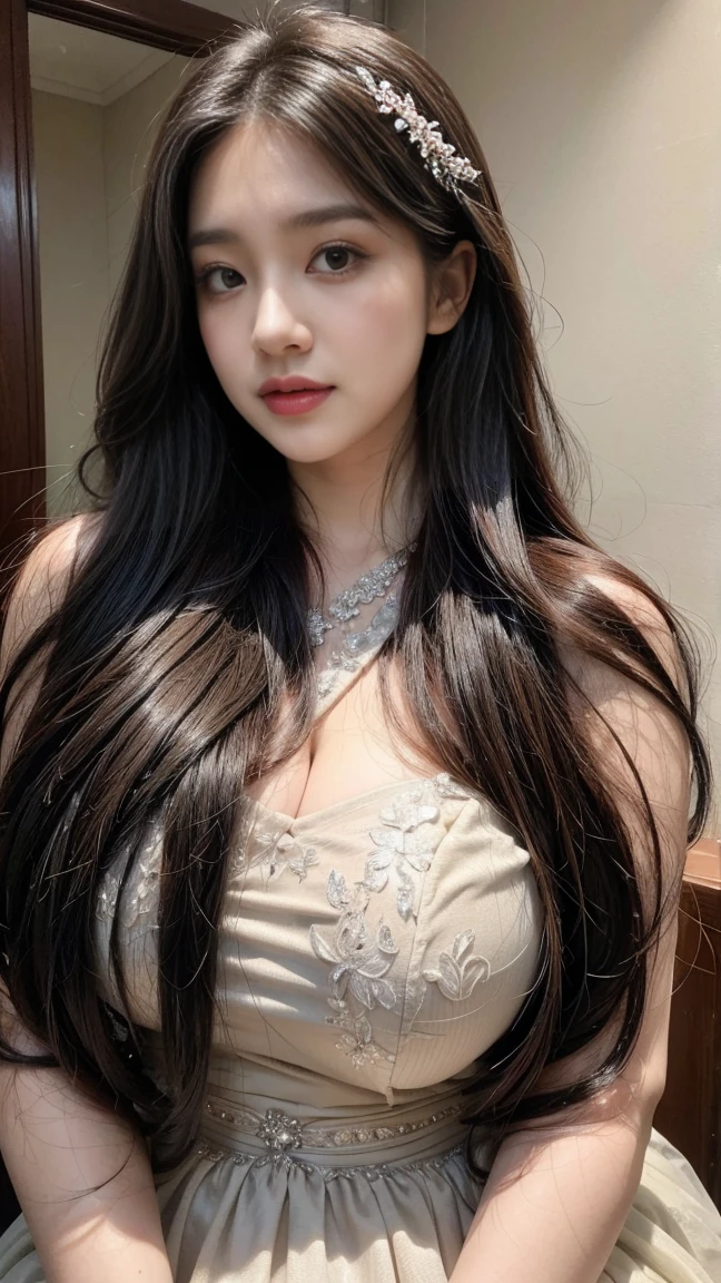 Kim Jennie con el cabello negro oscuro, con rulos en las puntas del cabello negro oscuro, con un ganchito de estrella en el cabello negro oscuro, ojos de color claro, ojos bonitos, nariz bonita y respingada, labios bonitos, labios rosas, heart and cupid shaped lip, piel bonita, piel blanca, con lunares y pecas en todo el rostro, rubor rosa suave en las mejilla, rubor rosa natural, dark and gothic makeup, Jennie gotica, cuello bonito, noticeable collarbones, mirada enojada, con un collar, un collar bonito de beso, mientras tiene un Corset rosa, Corset rosa bonito, vestido con un Corset rosa, mientras muestra sus pechos desnudos, mientras tiene los pezones con dos corazones de papel rosa, tiene los pezonnes con corazones de papel rosa (pechos grandes, pechos suaves, pechos bonitos, pechos naturaleirando a la camara, autofoto
