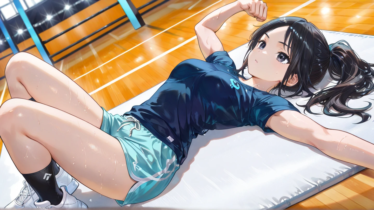 (one girl:1.3)、ponytail、brown hair、healthy、brown eyes,normal breasts(B cup)、cute face、cute anime illustration、Do your best in club activities、Athletics part、playground、White and navy blue uniform、play sports often、sunset、(Sweat:1.1)、lying on her back and spreading legs,Composition looking down from above、NSFW