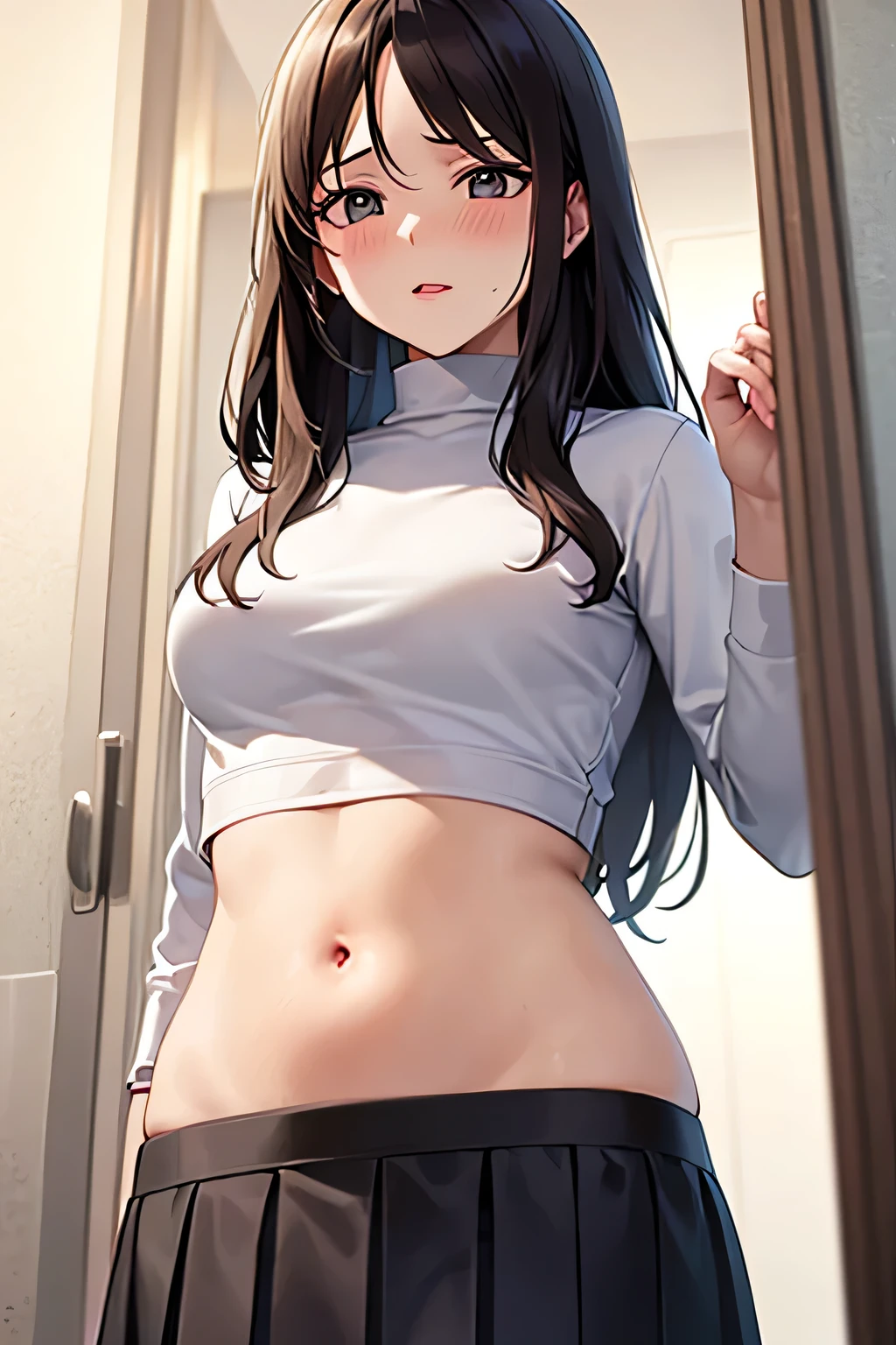 1girl, underwear, tight shirt, lingerie, big chest, long torso, black hair, bun, shiny skin, reaching at the top of a cupboard