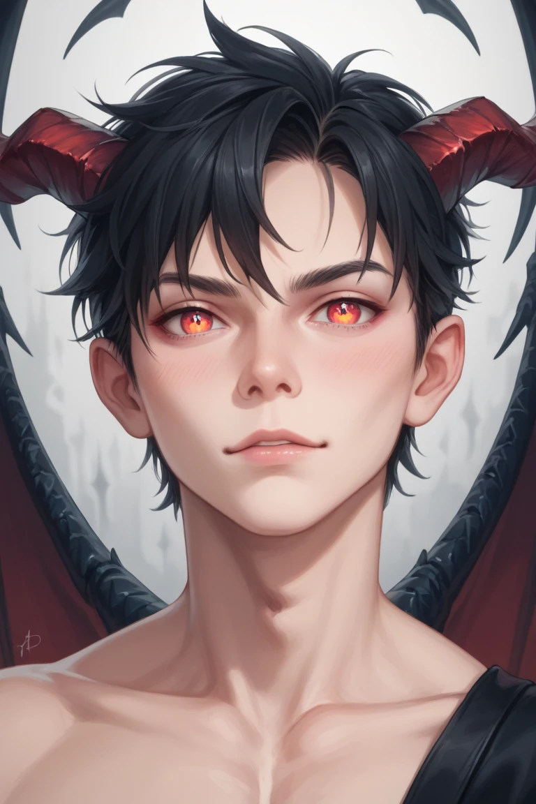 A 22 year old man half HUMANOID BODY has bat ears,has a bat hand,havehave red eyes and black hair, is wearing earing wearing necklace,yakuza style,has bat big wings,have sharp claws