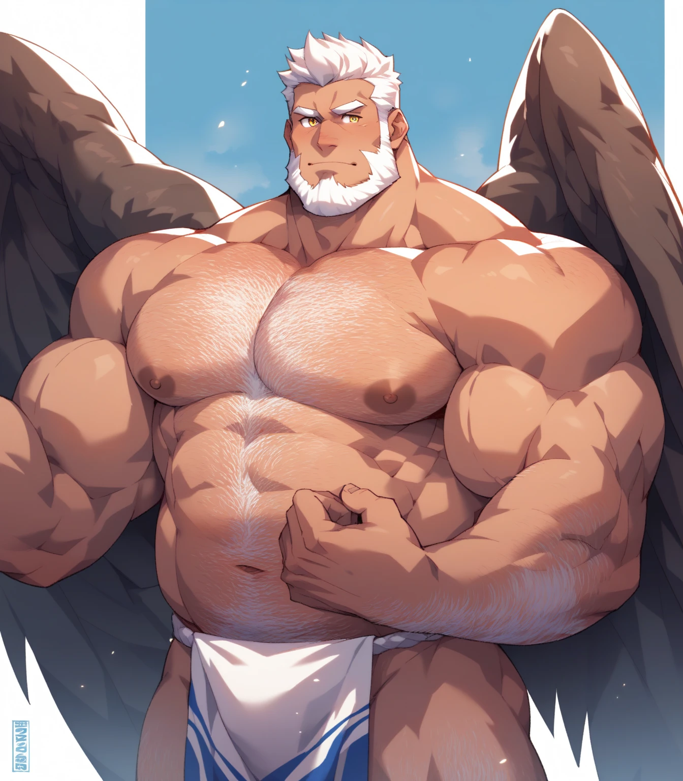 simple backgrond, Solo, 1boy, perfect anatomy, angel, perfect proportion, (huge halo, wing, angel wings), sharp eyes, big eyes, peaceful, angel eyes, halo, (smile, happiness), calm, perfect fingers, big hand, fingers. Huge Muscular Old man with short hair, shoes, (white shorts), view from side, pectoral, thick arms, huge pectoral, wide pectoral, white hair, white beards, simple background, masterpiece, semirealistic:1.2, high detailed, 8k, high resolution, perfect center, full view. ((really big muscle, massive muscular, sixpack, thick arms, wide pectoral, super huge muscle, hyper muscular, over sized muscle, huge arms, big arms, huge pectoral))