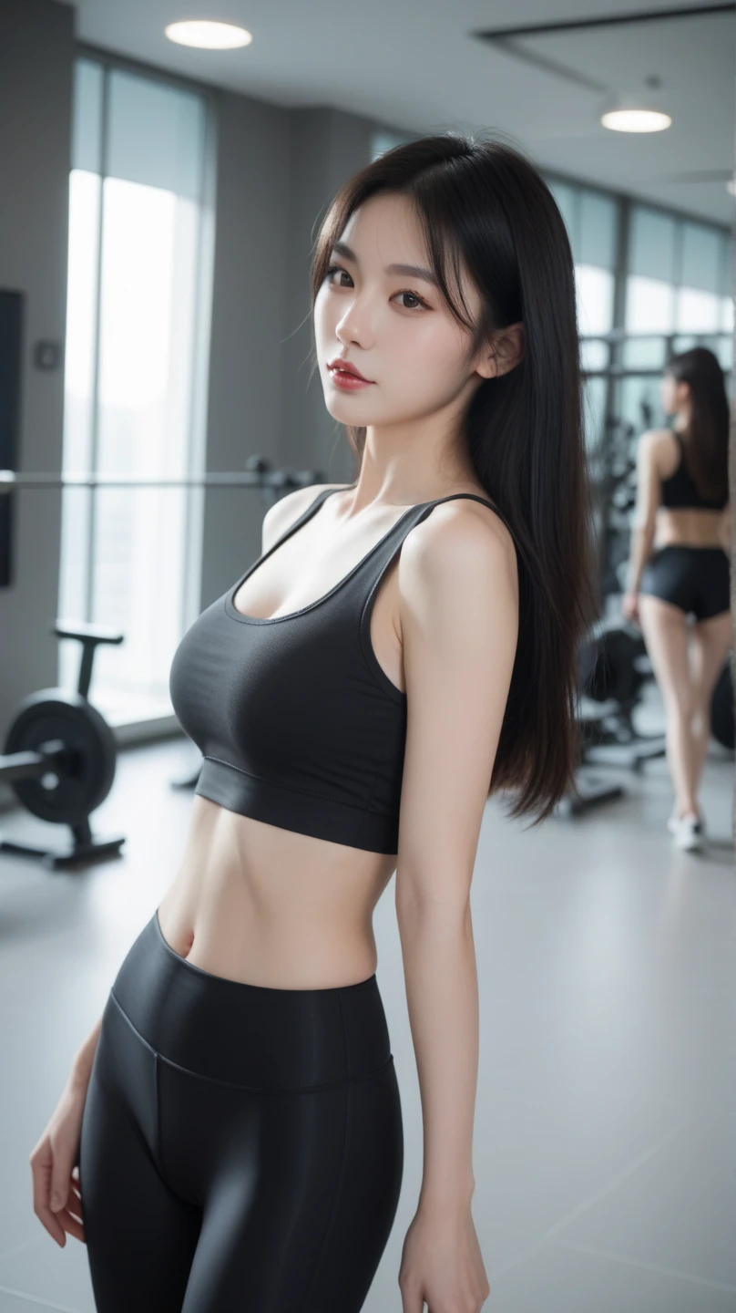 8K, Masterpiece, RAW photo, Best quality, detail:1.2),Photorealistic, Extremely detailed CG unifies 8K, 8K, Diamond, and wallpaper, Depth of field, Cinematic light, Lens flare, Ray tracing, (Extremely beautiful face, Beautiful lips, Beautiful eyes), intricate detail face, ((ultra detailed skin)) 1girll, In the dark, deepshadow, Pretty Korean girl, Kpop idol,(Very slim and slender muscular body:1.3),Grey sheer yoga pants,Tight Yoga Pants,Embarrassing lines,No underwear,Big breasts that expose the,