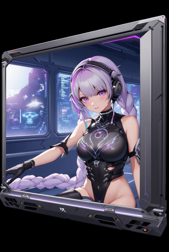 A girl is pleasuring herself while staring at a screen with hypnotic patterns. nude, climax, pleasure, big breasts, corruption, ahegao, camera perspective from behind