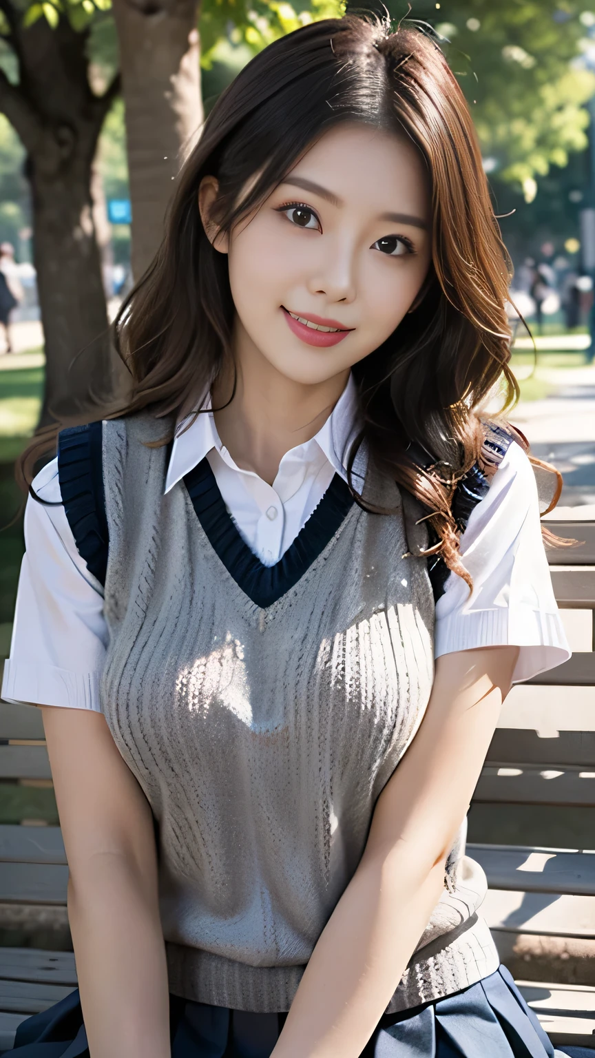 upper body closeup photo anatomically correct 5 fingers beautiful Korean woman in front of the machine (((wavy hair))) pleated skirt, (((Overhanging big ))), Student uniform, short sleeve shirt (((Sweater Vest))) looking at camera (((In the shade of a park))) cute charming smile