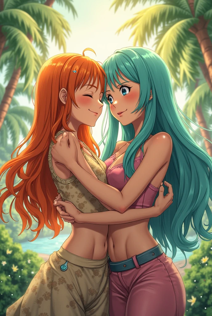 Twin girls, 27 years old, green hair, orange hair, beach at sunset, angelic faces, fine stroke, looking at each other, tongue kiss, hand on breast, hand on face, bodies touching, magician's clothing, horsewoman's outfit