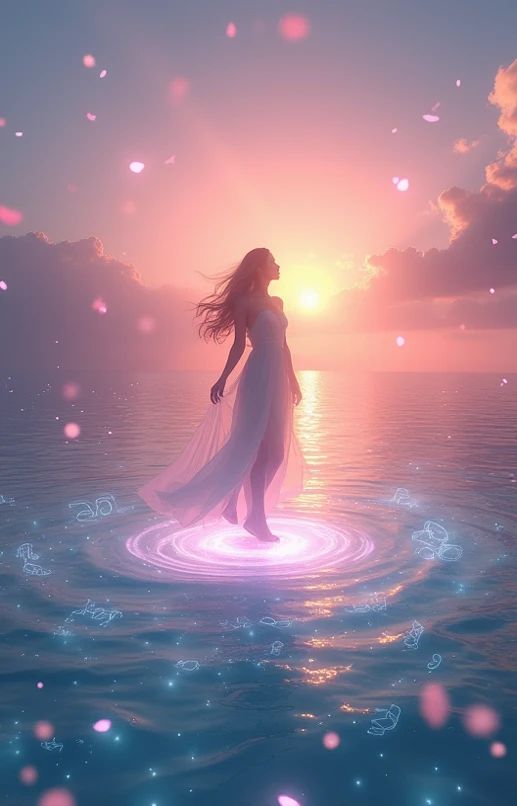 girl walking through water, splitting the body of water, dramatic effect, ripples spreading out, powerful and surreal, flowing dress, detailed water reflections, dynamic movement, (high quality:1.2), ethereal atmosphere, mystical scene, soft lighting, fluid motion, surge of glowing purple energy, intense light, dark background, swirling motion, radiant glow, high contrast, ethereal and powerful, dynamic waves, vibrant purple hues, mystical atmosphere, detailed textures, energy burst, abstract design, futuristic vibe,