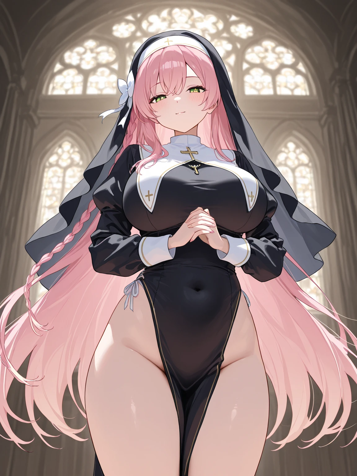 during daytime,((masutepiece)), ((Best Quality)), (Ultra-detailed), ((kawaii)),Exposed legs,Toothy smile,sexypose,Buttocks, Big breasts that are about to burst, sparkling effect, Lens Flare, shiny-glistening, masterpiece, best quality,ultra detail,pink long hair, hair ornament, hairclip, aqua eyes, town road ,best quality,best animated,masterpiece,ray tracing,1girl, sol,smile, navel, midriff,wavy hair,droopy eyes,embarrassed,long sleeves, nun, habit, nun, habit, dress, black dress, long dress, catholic,(long pink hair),pink hair