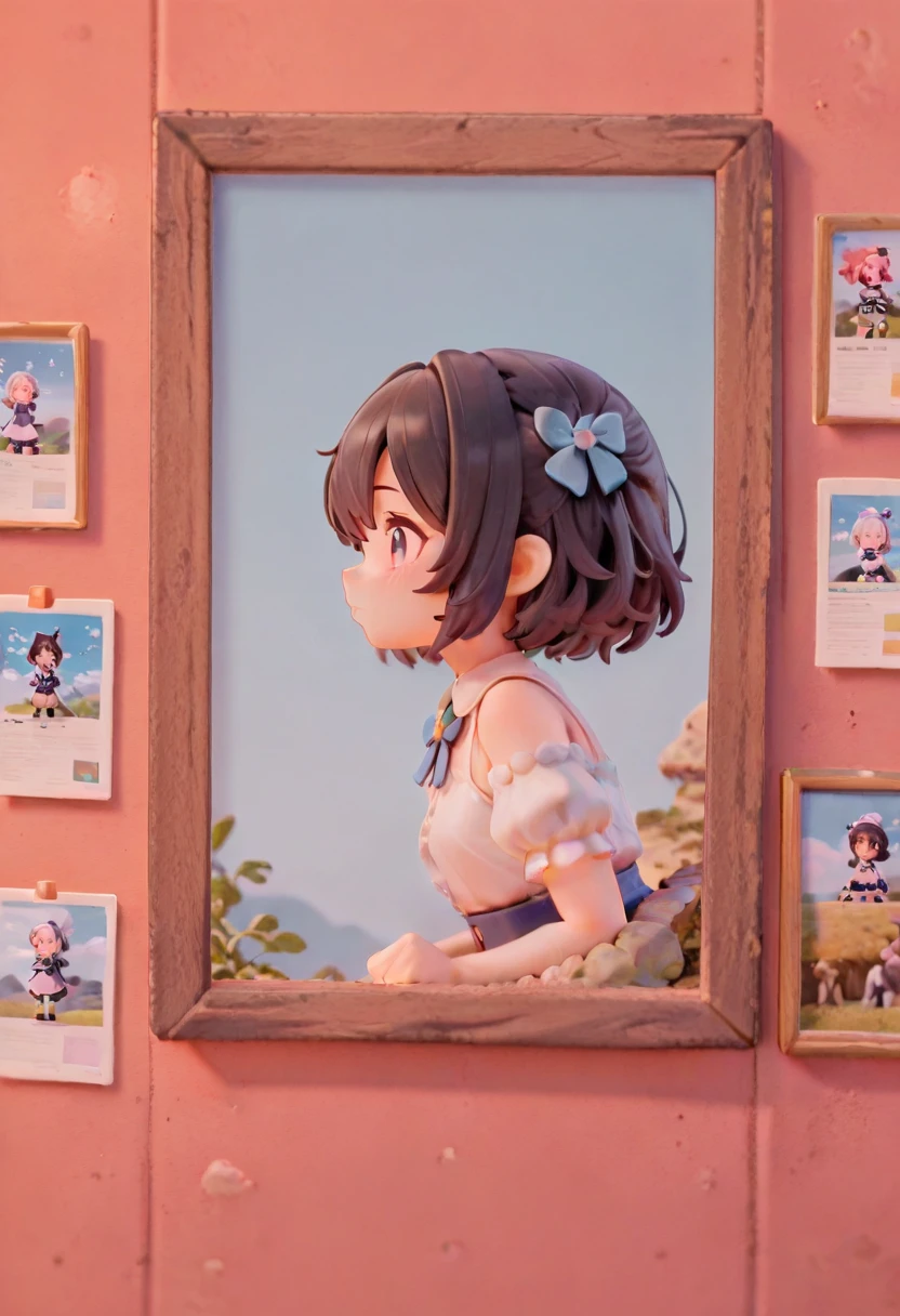 masterpiece, top quality , with a perfect face, highest resolution, 8k, amazing quality, detailed eyes, Clear eyes, 1girl, solo, repochi, Figure style, get on, stuck in wall, upper body only, lower body with profile, photo \(object\),
