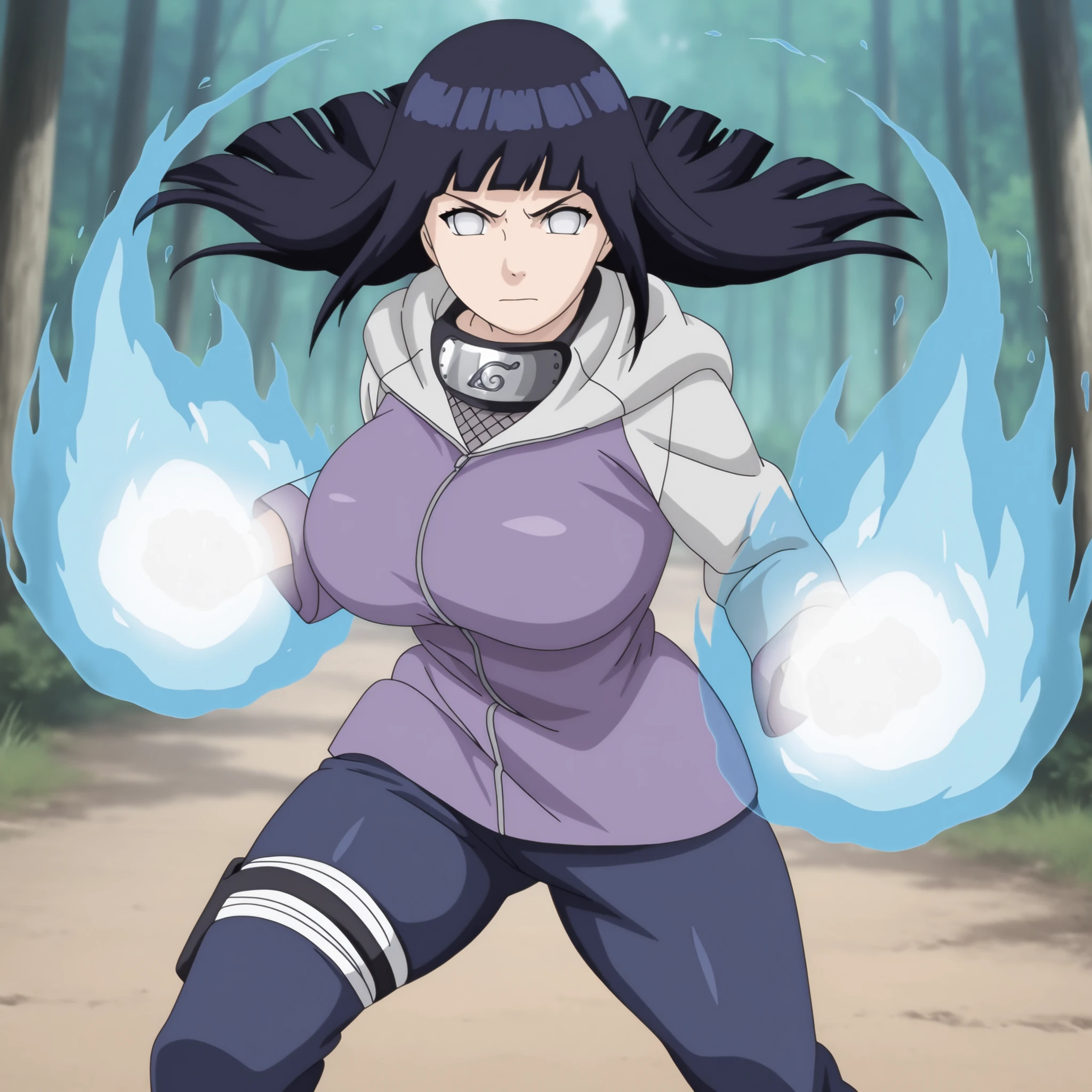 masterpiece, best quality, amazing quality, very aesthetic, absurdres, high res, shiny skin, 1girl, solo, Hinata Hyuga, long blue hair, blunt bangs, hime cut, byakugan, white eyes, no pupils, huge breasts, narrow waist, wide hips, thick thighs, purple and white hooded jacket, fishnet top, forehead protector around neck, blue pants, angry, dynamic fighting pose, blue aura, energy, blue flames, standing, looking at viewer, forest background, from the front view 
