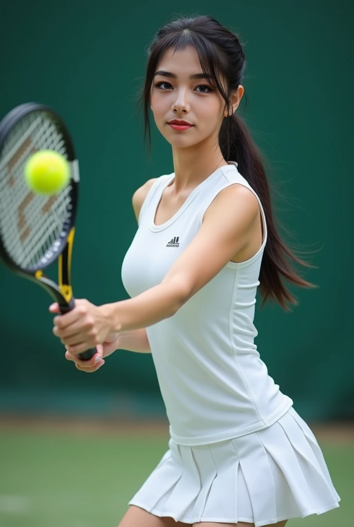 Half Japanese, Half-American woman holding a tennis racket(1.4)
Standing facing the camera(1.2)
A see-through camisole(1.6)
Slightly larger breasts(1.2)
Looking into the camera(1.0) 
Enjoy tennis(1.3)
mini skirt(1.3)
The background is a tennis court、Looks great in the online pictures., Long eyelashes, Snowflake Earrings,
(RAW Photos, Highest quality), (reality, reality的:1.4), (flying debris), 
Beautiful details, Beautiful lip detail, Highly detailed eyes and face, 
The whole body is slender and the hair is short.(1.3)
Smiling Kindly(1.6)
She smiles shyly