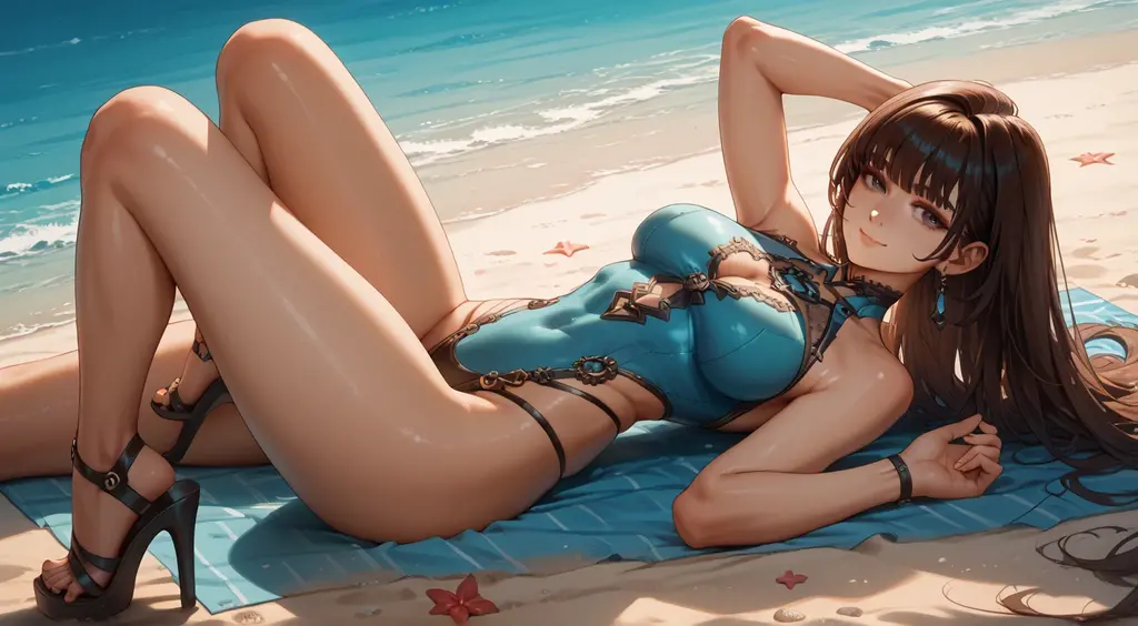 ((Top Quality)), ((Masterpiece)), ((Details)), perfect face, perfect body, sitting on the beach, listening to music, wearing headphones, wearing swimsuit, swimsuit transparent, tight with buttocks and breasts exposed Woman with clothes on and face visible