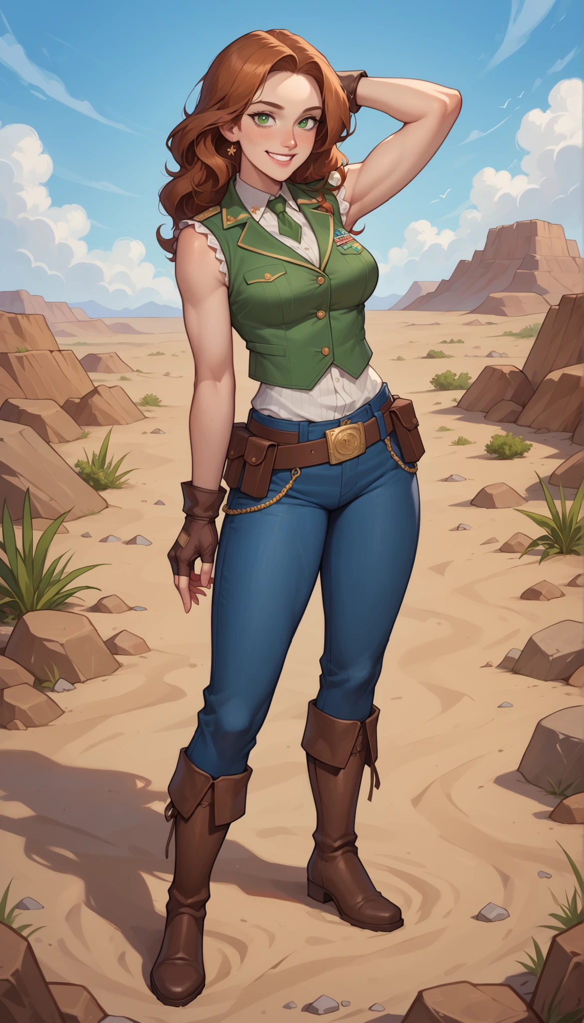 (cartoon style:1.2), Drawings of (Ginevra Molly Weasley), he used to smile, perfect green eyes, face detailed, White background, fun pose, seducing gaze,Full body wearing the Sanserina uniform, beautiful medium breasts and wonderful body cartoon style digital illustration. Wearing pantiesJennifer Connelly , , white bra, green vest, sleeveless, へそ, blue jeans, Brown boots, gloves fingerless, short gloves, slightly-smile, shorth hair, wavy hair, parted bangs, blue colored eyes, wart under the right eye, old american west, sunny desert background, waist belt, best quality, Obra de arte Jennifer Connelly