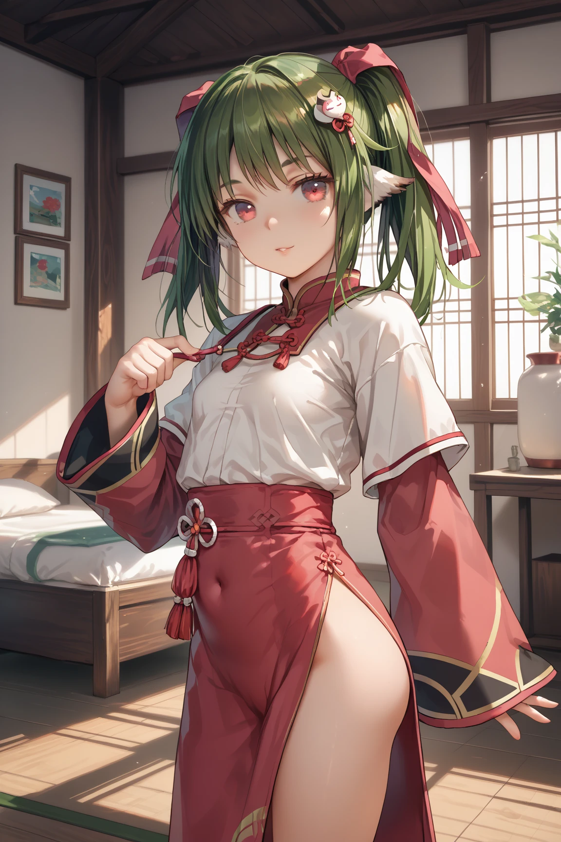 NSFW,Long Hair、Green Eyes、bangs、Pointed Ears、hair ornaments、White Hair、Symbol-shaped pupil、Multicolored Hair、Side Ponytail、Gradient Hair、Green Hair、Hair between the eyes、Cross-shaped pupil、smile、gem、葉っぱのhair ornaments、bracelet,Shrine maiden、kimono、Sleeveless,Hakama Short Skirt,(Sideboob:1.5),(Perfect hands),(Perfect Anatomy),(masterpiece),(highest quality),(Embarrassed:1.5),blush,Shy laugh,shrine,torii,Japanese style,Crouching with legs apart