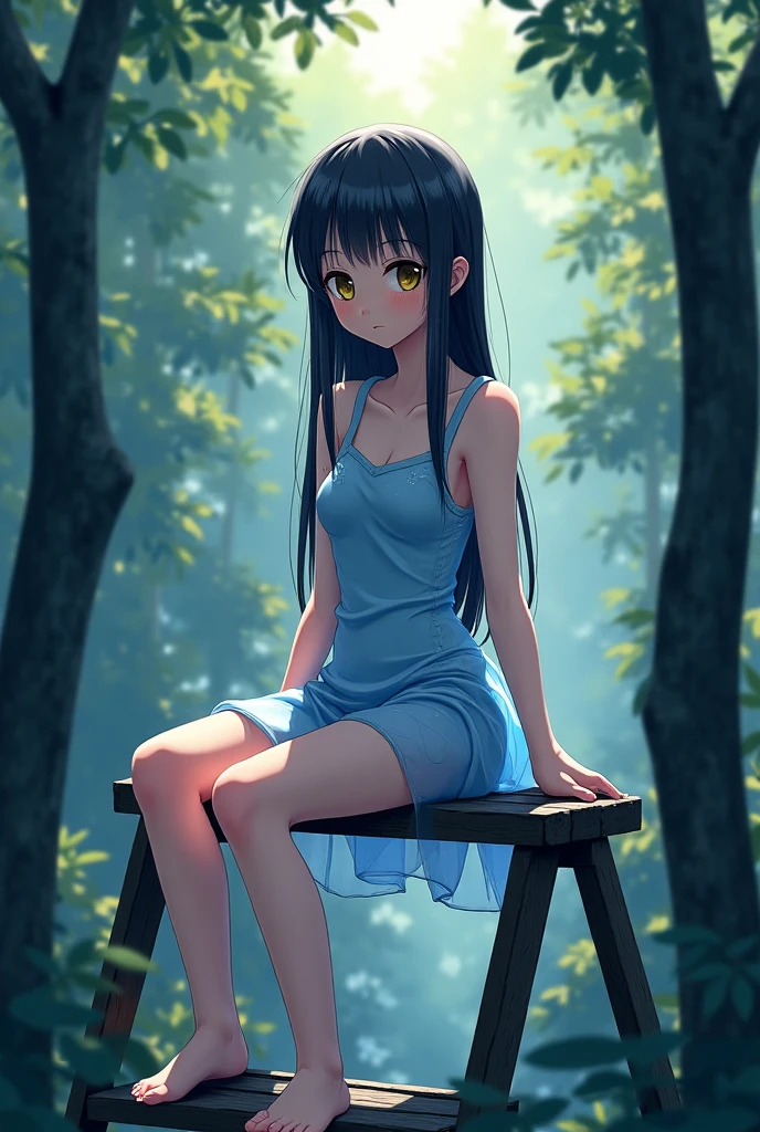 (Rika Furude), Blue Hair, Purple eyes, Long Hair, blunt bangs, bangs, One girl, alone, (Green Dress), Sitting, 裸feet, feet, wood,
