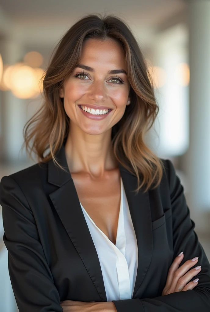Create A Smiling Woman, confident and successful, in a modern professional environment. Add subtle elements of lights or glitter to highlight the inspiration.

