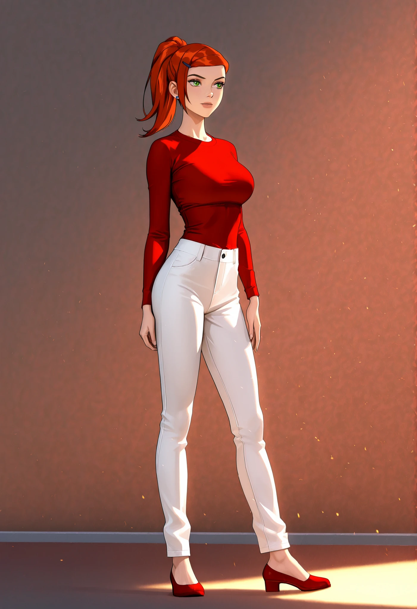 A full body stunning female character inspired by Gwen Tennyson in an alternate universe, 36 years old, not a cousin. She has long, flowing red hair, ponytail hairstyle and striking emerald green eyes. Her face is beautiful with sharp features and a confident expression. She has an attractive, athletic body with graceful posture, big breasts. She's wearing a red and yellow long-sleeved shirt and sleek white pants. The outfit is modern, stylish, and subtly heroic. The background is cinematic, with a warm light glow, and a soft breeze adds movement to her hair and clothes. High-quality, hyper-realistic, anime-style or semi-realistic art style.