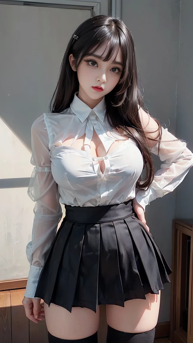 majicMIX Real, (RAW photo: 1.2), (Photorealistic: 1.4), (Big), Smiling, Blonde, double tails, Beautiful detailed eyes, hugefilesize, Super detail, high resolution, Very detailed, Top quality, Masterpiece, illustration, Very detailed, CG, unified, 8K wallpaper, Movie lighting, 18 years old girl, (Japan Girls' High School Junior High School Uniform:1.2,Translucent clothing), Sexy pose, Smiling, Pleated skirt, white y shirt,