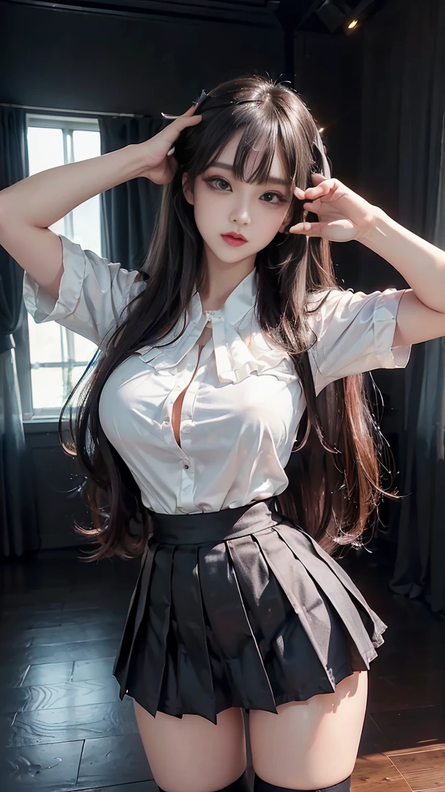 Detailed face、highlight、Asian Girl、thigh、Tabletop、breast enhancement、Bodyline、Black Hair、Heavy bangs、Checkered Skirt、White blouse、Support your chest with your hands、