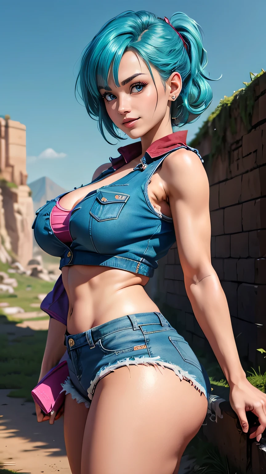 (masterpiece), best quality, expressive eyes, perfect face, front lighting, (farm background), (walking), (seductive look), (cleavage view), (1girl, Nami, 18 years old, grey-blue hair, grey-blue hair, grey-blue hair, BREAK, short hair with hairband, bob hairstyle, brown eyes, hourglass figure, dark skin, tanned skin, tan, skinny body, thin body, medium breasts, wide hips, thick thighs, sholder tattoo, chest tattoo, collarbone tattoo), BREAK, (yellow v-neck shirt, sleeveless, croptop, exposed cleavage, BREAK, shorts),