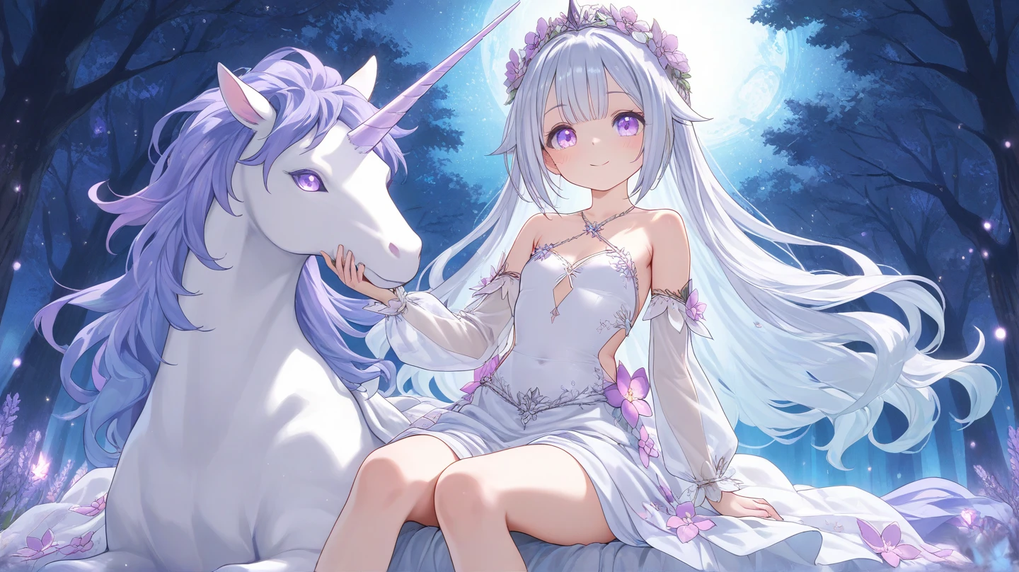 In a realm of pure enchantment and whimsy, a breathtaking scene unfolds between a captivating maiden and a majestic unicorn. The maiden, adorned in ethereal white gown, stands before the mystical creature with her arms outstretched, her eyes gleaming with wonder. Her long, golden locks cascade down her back, catching the light and shimmering like strands of silk.
The unicorn, a symbol of purity and magic, stands proudly before the maiden. Its coat, a radiant and mesmerizing shade of silver and white, glows under the soft, enchanted sunlight. Its graceful curves and elegant