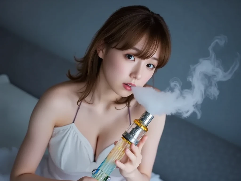 I would like you to draw a picture of a busty Japanese woman smoking a huge vape in her bedroom.。 The vape device you hold in your hand should be a stick type.。Please only exhale smoke from your mouth。 The background is pinkish、Please look enchanted by the smoke you are exhaling.。cum in face, cum in Big breasts, Kissing Face