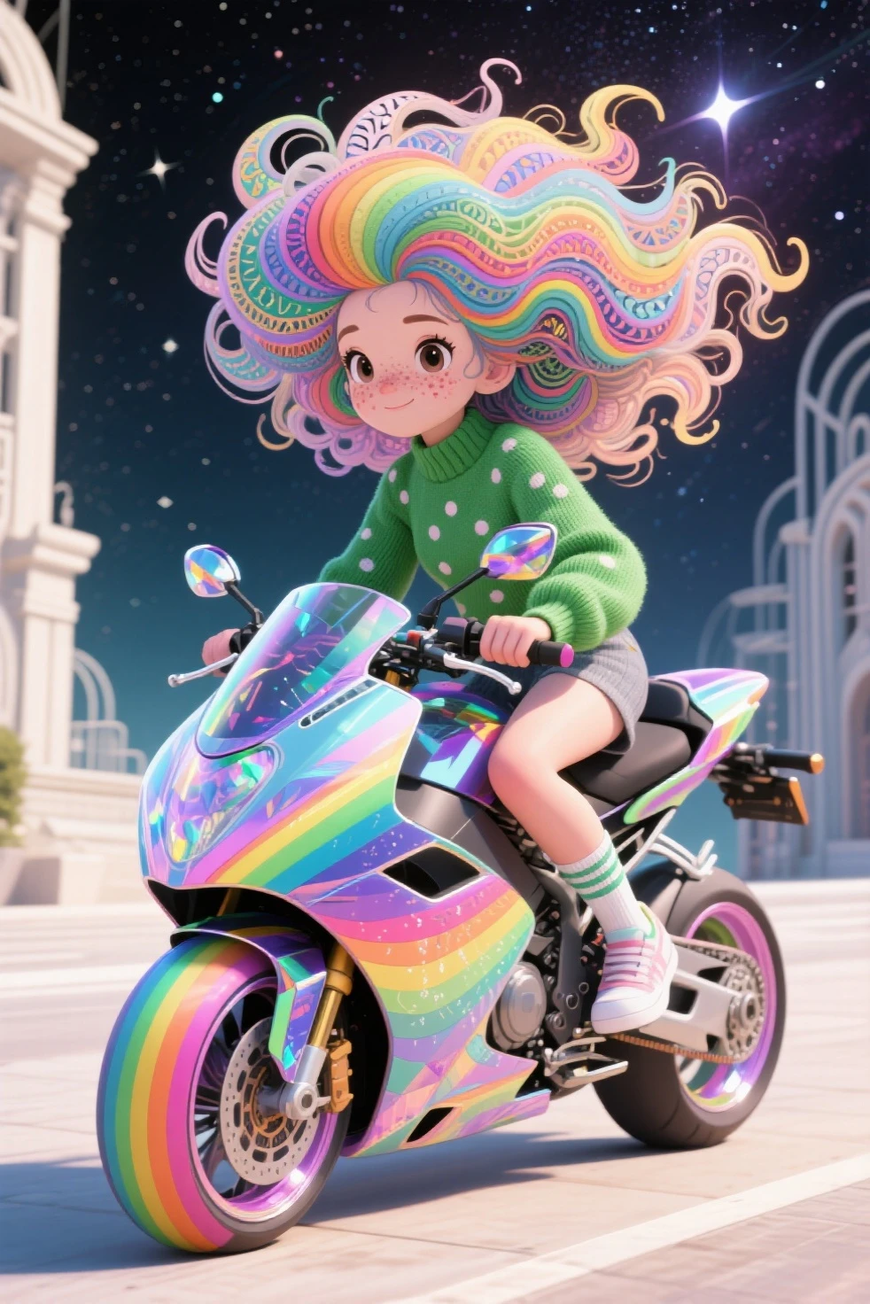 (best quality, high resolution, Super sharp), A magically cute girl rides a rainbow crystal motorcycle. and exaggerated hair, huge  fluffy  hair, exp和ed hair, exaggerated thick hair, freckles, green sweater 和 small dots, Details, ,  fluffy , sock, amazing background, beautiful art deco architecture, SMOOTH LINE, clean silhouette, zentangle hair style, zentangle, starry sky, 3d crunch, Work, full body 和 long legs:1.1,  from head to toe , 