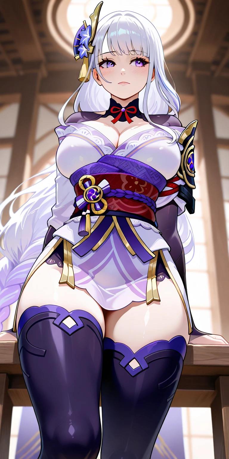 score_9, score_8_up, score_7_up, score_6_up, score_5_up, score_4_up, BREAK ,blunt bangs,Gray Hair,Yellow Eyes,ponytail,very big breasts,Sweaty,Overflowing breasts,empty eye,Erect nipples,Shogun,boots,Fishnet tights