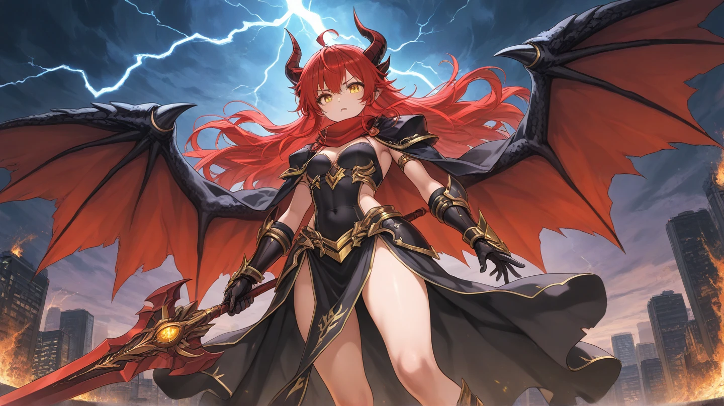 1girl, Lilith aus Diablo, - Horns, die aus der Stirn hervorragen - Feuerrotes oder orangefarbenes Haar - Wild, glowing eyes - flames dancing around them - sinister grin or facial expression,
Anime