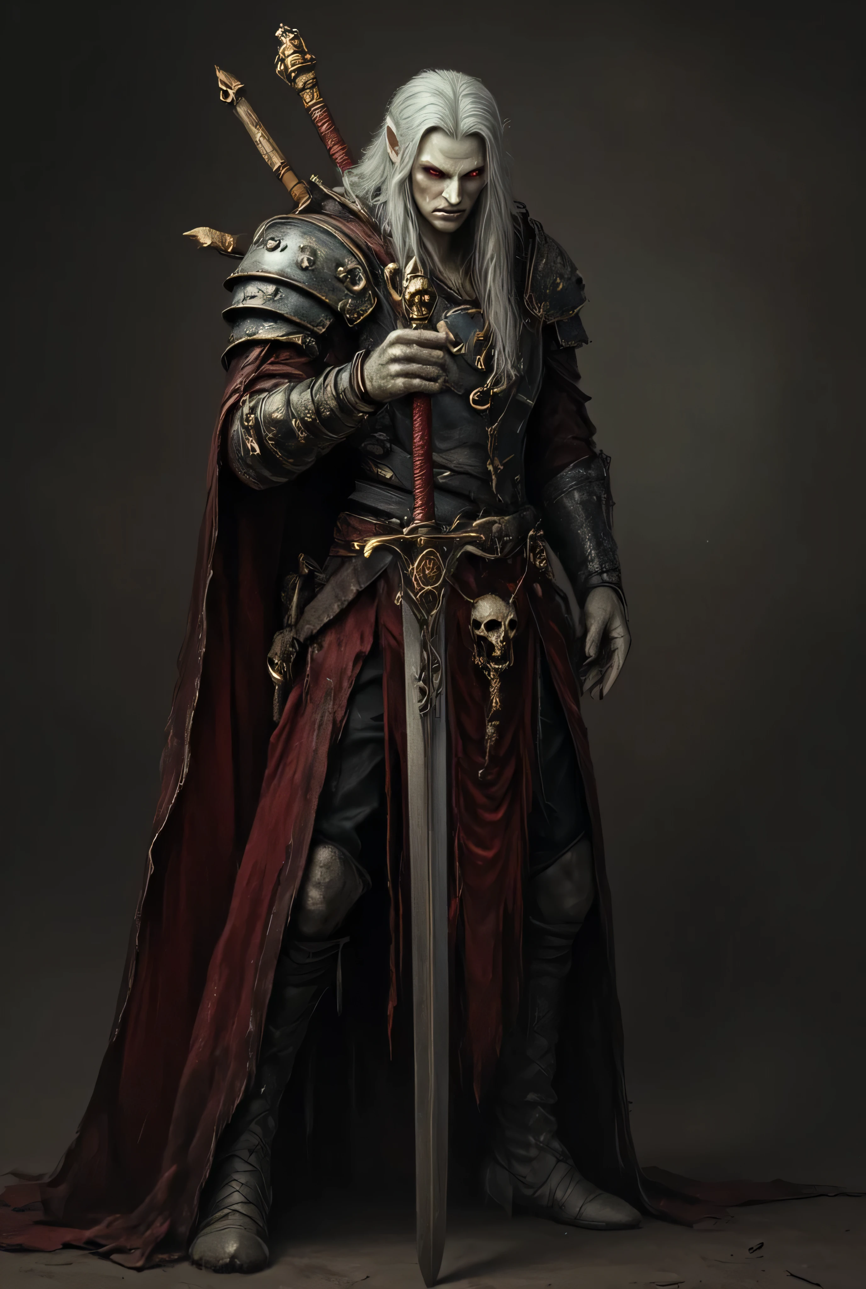 (1girl,fit,small breasts,long legs,sporty butt, red eyes, pale light grey skin, standing stunning tall young vampire girl, mindblowing face, showing her vampyfangs, fine crafted straight-sword in front of her, wearing a beautifully crafted blued steel with brass ornaments meager, fitting plate armor with some lace covered skin , extreme long silver hair, overknee armor heeled boots with buckles.), anthr0dnd, Gul'dan, dark fantasy character, detailed full-body character concept art, minimalist design, 8K, photorealistic, masterpiece, ultra-detailed, vivid colors, dramatic lighting, moody atmosphere, cinematic composition, simple dim background, intricate textures, seamless blend of realism and fantasy