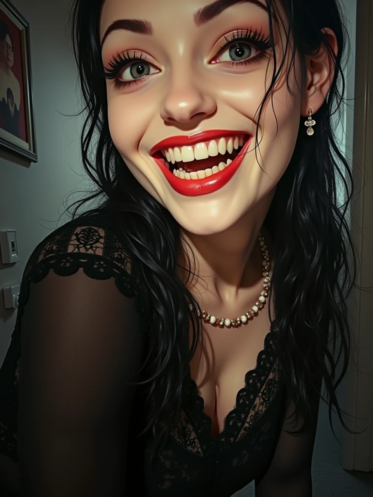 (tongue out, colorful flowers background, White lace clothes, Glossy Red lips, best quality,ultra-detailed,physically-based rendering:1.2), realistic,portrait, A beautiful young woman with mesmerizing eyes,delicate facial features . (((close-up shot of sensual lips))),subtle blush on cheeks, sensual and sophisticated, alluring gaze. full of flowers covering girl's body, (extra fingers:-0.9, not Detailed finger:-0.9), Overflowing Gigantic Cleavage, ((nipple:-0.9)) .