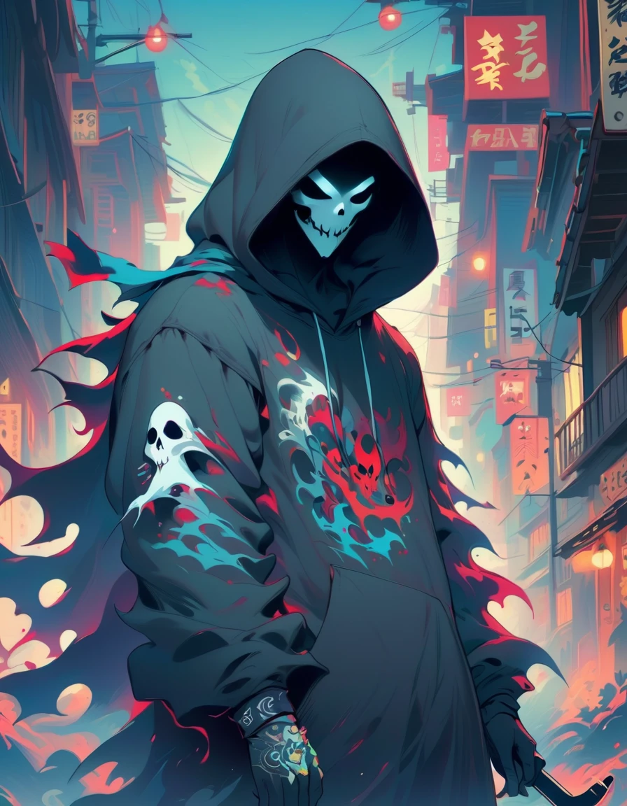 Solitary, 1 boy, permanent, Male focus, It rains in the city, hood, From the back, cloak, Skull wearing white Japanese mask, robe, , Glowing blue
